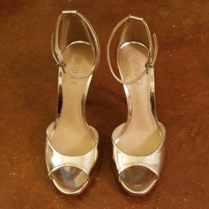 Gold Leather Peep Toe Pumps